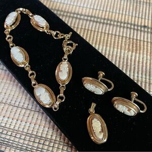 Cameo 12K GF matched set bracelet earrings pendant